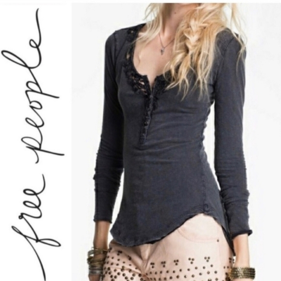 Free People Tops - Free People Lou Legacy charcoal gray crochet henley